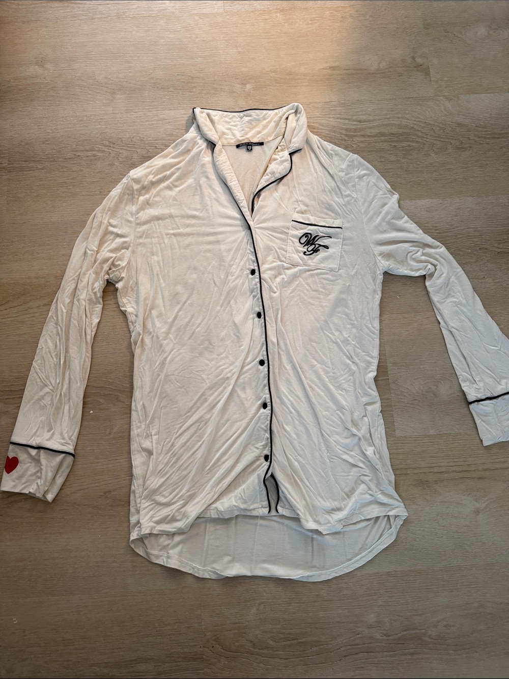 Wildfox Long Button-Up Pajama Top or Nightgown with Black Piping